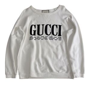 GUCCI Sweatshirt Men's MEDIUM Loose Pullover Crew Neck White Logo Print Cities